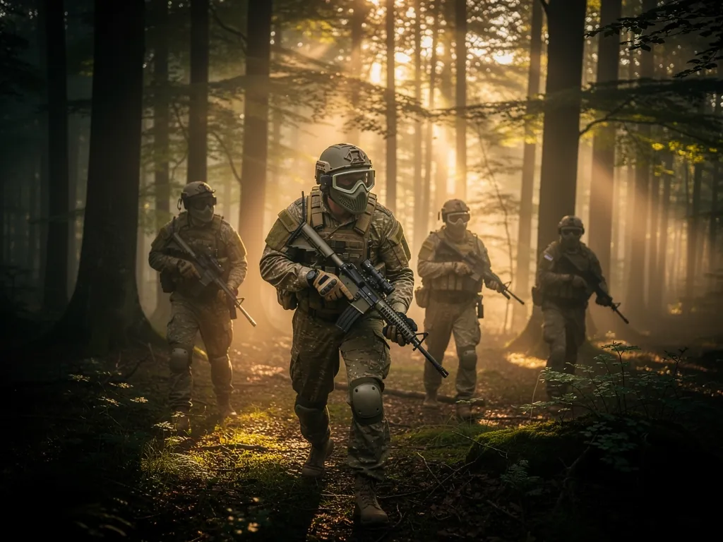 Jugadores con camuflaje avanzando por un bosque con niebla al amanecer