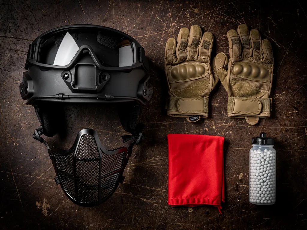 Gafas estancas, máscara, casco, guantes y pañuelo rojo sobre una mesa